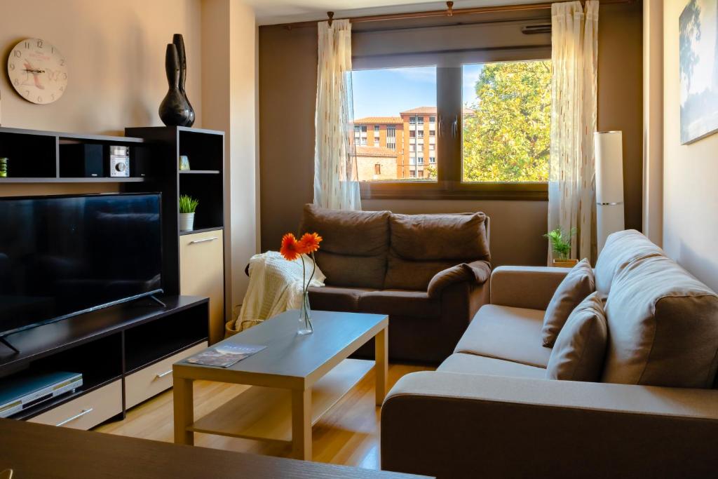 sala de estar con sofá y TV en El Rincón de la Villa by Asturias Holidays, en Noreña