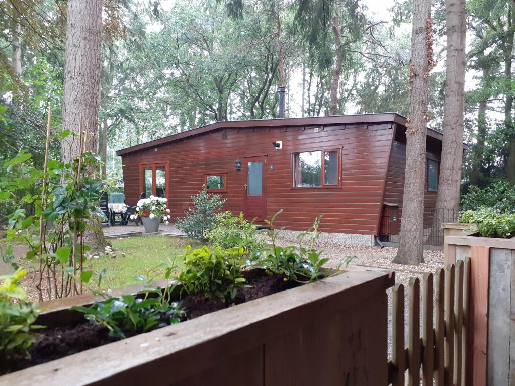 eine kleine Hütte im Wald mit einem Zaun in der Unterkunft t'Bakkersboschje nummer 5 in Putten