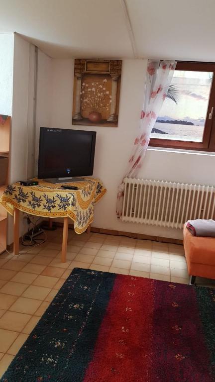 uma sala de estar com uma televisão, uma mesa e uma janela em Gemütliche wohnung em Bühl