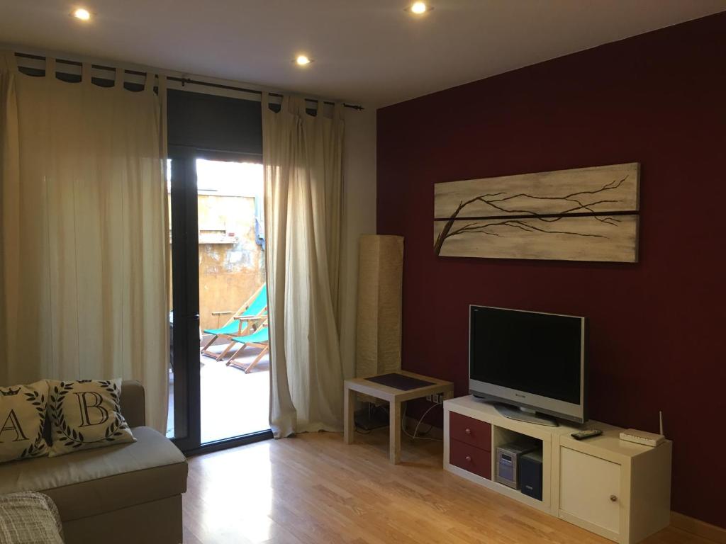 una sala de estar con TV de pantalla plana en un armario en Tu apartamento en Ribes de Freser, en Ribes de Freser