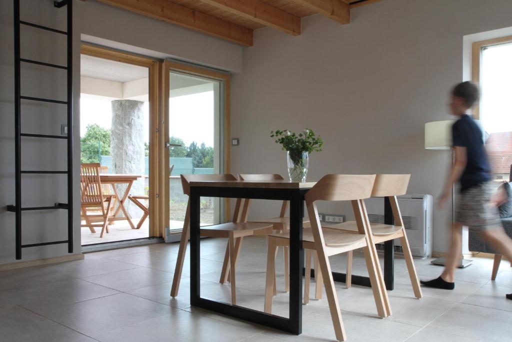 een eetkamer met een tafel en stoelen en een persoon bij Villa in Valtice