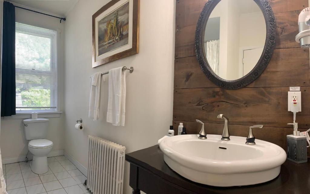 a bathroom with a sink and a mirror at Inn at the Falls in Bracebridge