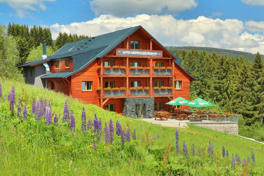 un edificio en una colina con flores púrpuras delante de él en Hotel Obzor en Pec pod Sněžkou