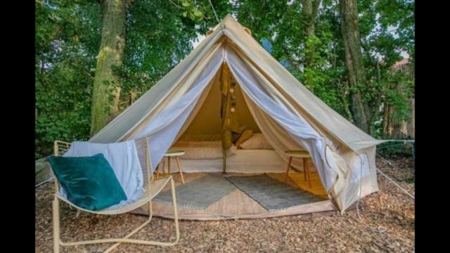 a tent with a bed and chairs in a forest at Into the Green Glamping- Maple in Markt Nordheim