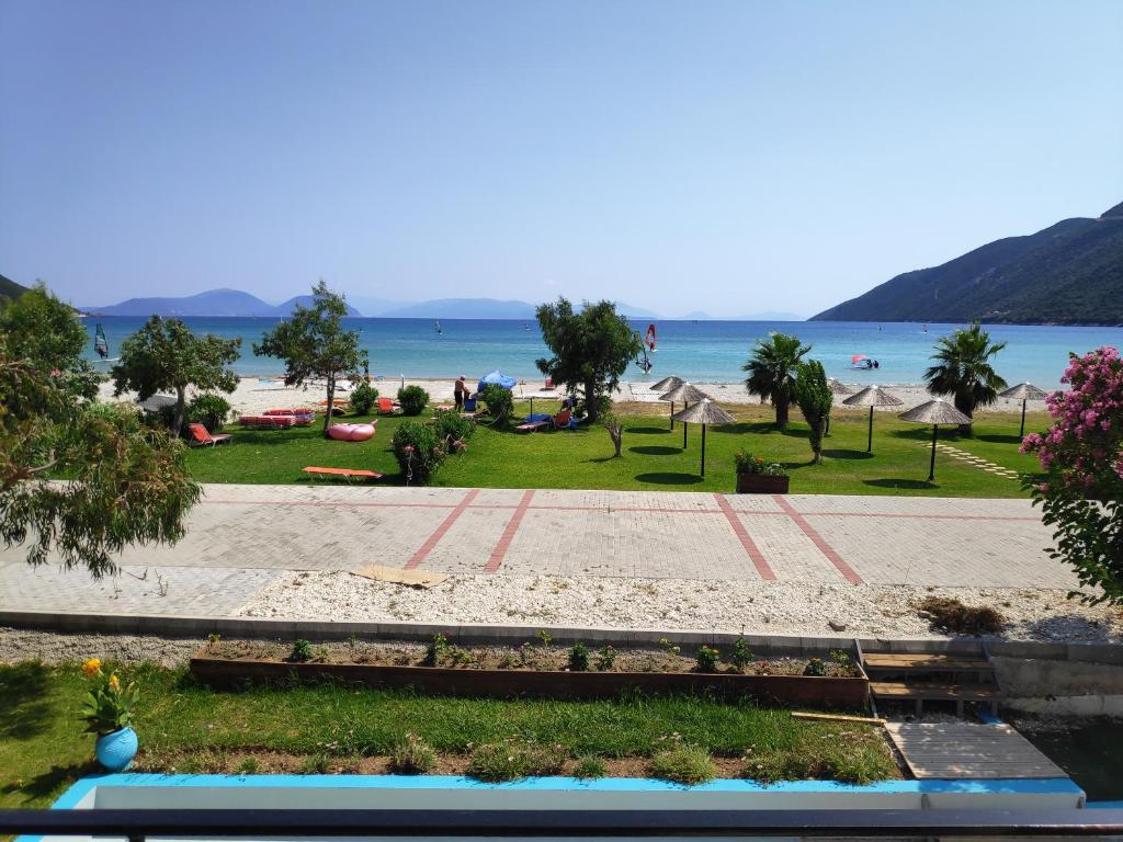 a view of the beach from the balcony of a resort at Surf Hotel in Vasiliki
