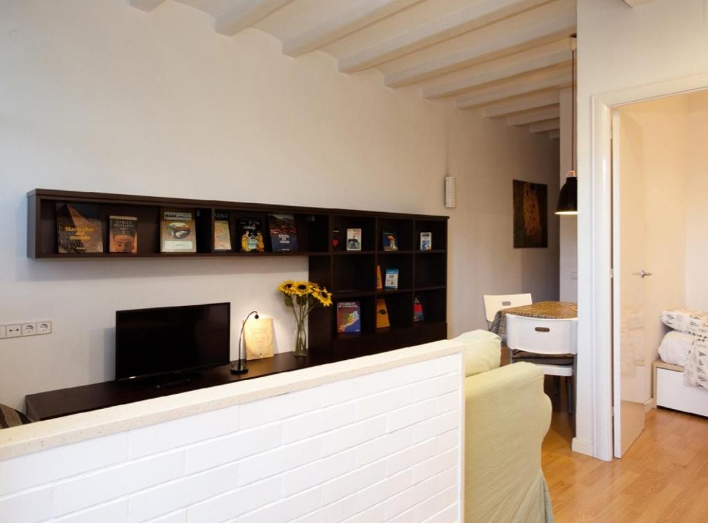 een woonkamer met een open haard en een televisie bij Authentic flat2 in Poble sec - Paralelo in Barcelona