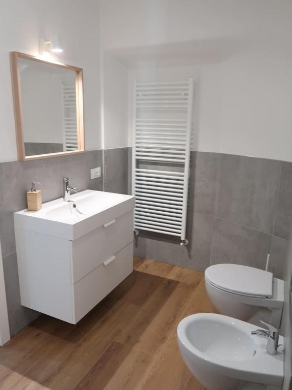 un bagno con lavandino, WC e specchio di Appartamento per vacanze "IL GELSO" a Rovereto