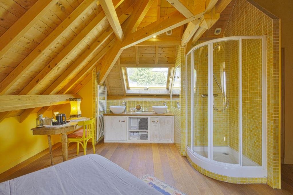 a large bathroom with a shower and a tub at Les gerbes in Arras-en-Lavedan