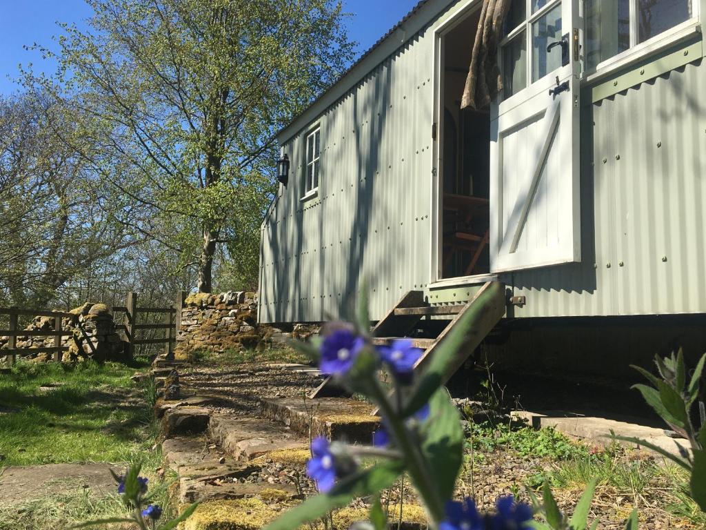 a building with blue flowers in front of it at Posh Huts Farmstay in Falstone