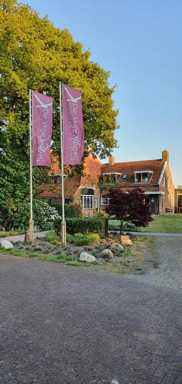 two pink flags on poles in front of a house at B&B Hotel De Vrije Vogel in Elsloo