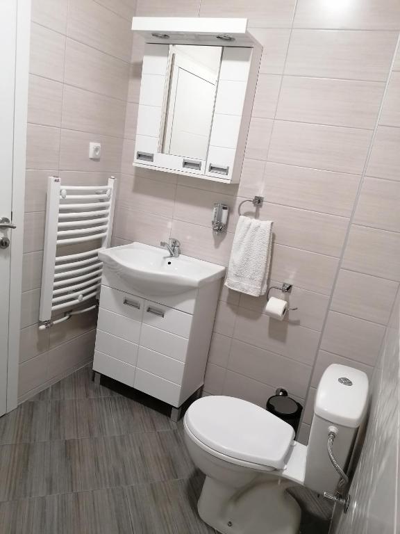 a white bathroom with a toilet and a sink at Airport view Apartment in Belgrade