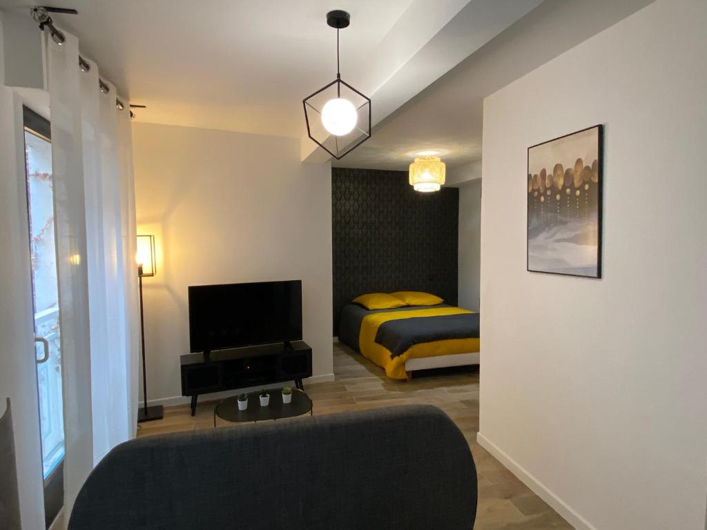 une chambre avec un lit et une télévision dans une pièce dans l'établissement Le PANCAUT, à Mont-de-Marsan