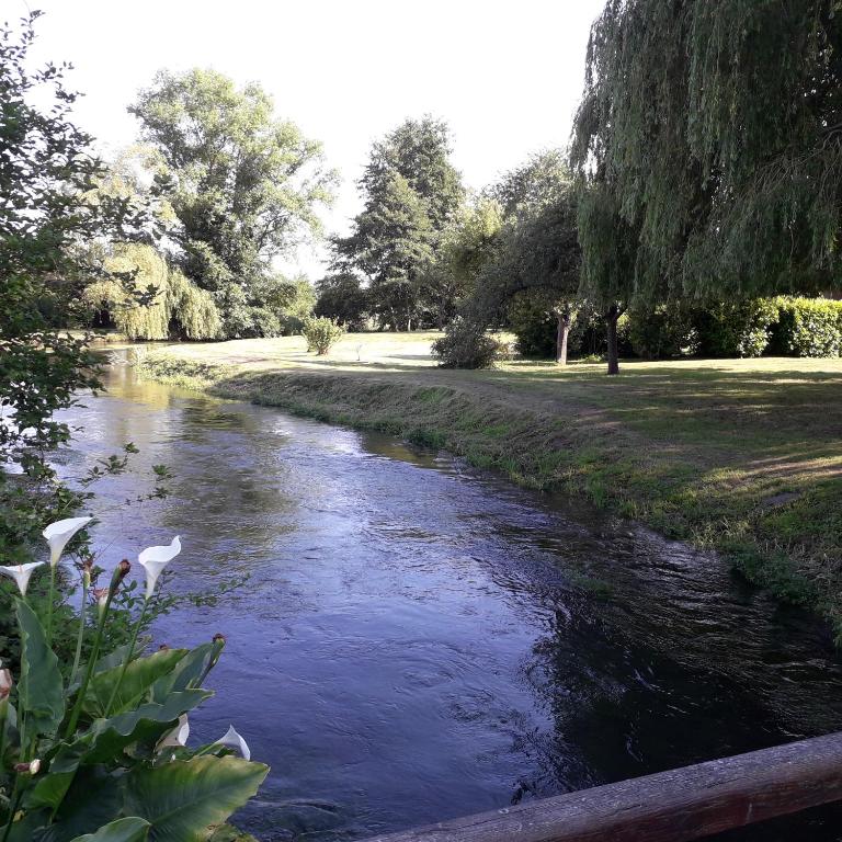 une rivière avec une clôture en bois à côté d'un parc dans l'établissement LES ENFANTS DU MOULIN, à Saint-Léger-sur-Bresle
