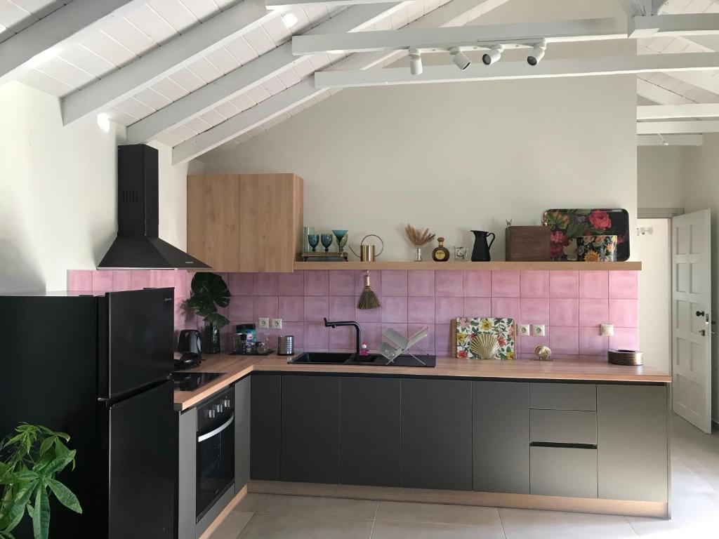 a kitchen with a black refrigerator and pink tiles at Rigo’s apartment in Platamonas