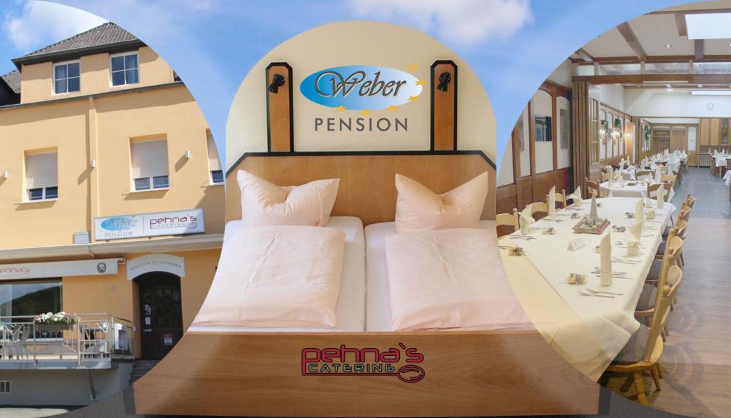 um quarto com uma cama com uma mesa em Pension Weber em Wellen