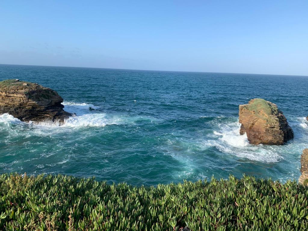 two large rocks in the ocean with green grass at Forever FOZ in Foz