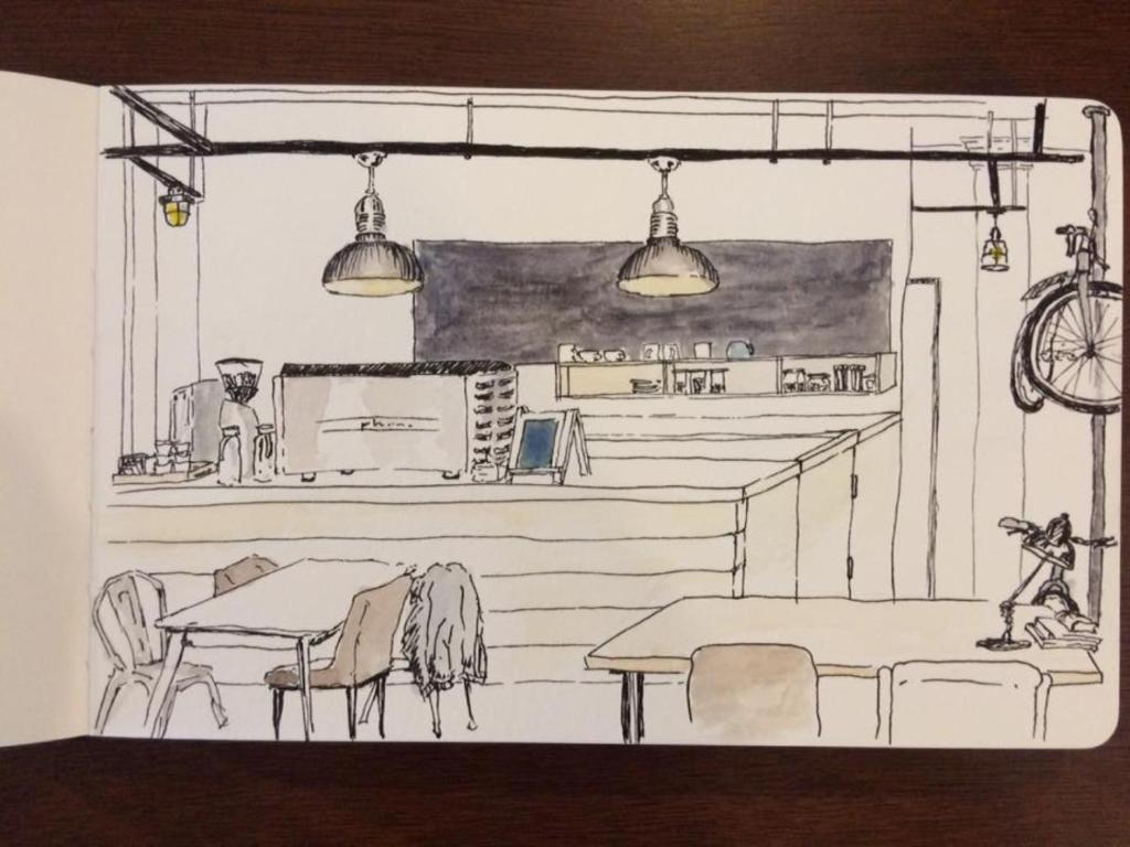 een tekening van een keuken met tafels en stoelen bij Formosa Backpackers Hostel & Apartment（青年民宿） in Hualien