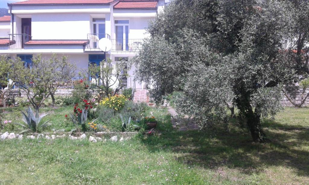 a house with a tree and flowers in a yard at Two bedroom ap in the garden in Buljarica