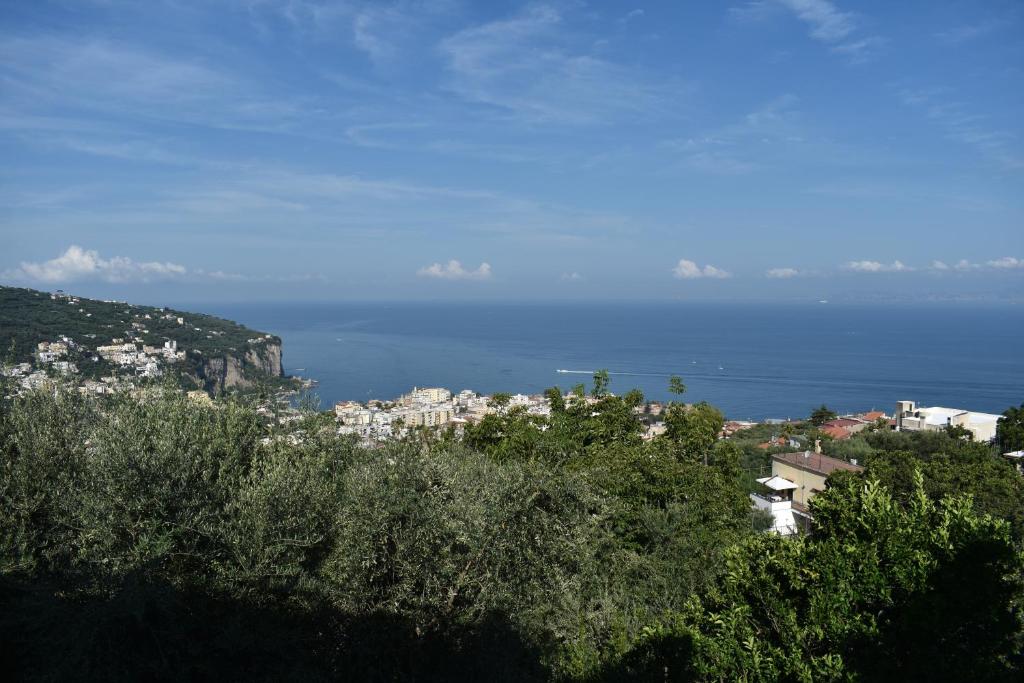 a view of a town with the ocean in the background at Villa Di Martino in Vico Equense