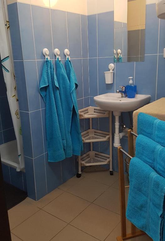 niebieska łazienka z umywalką i niebieskimi ręcznikami w obiekcie Na samotě u lesa -Rasovna w mieście Mšecké Žehrovice