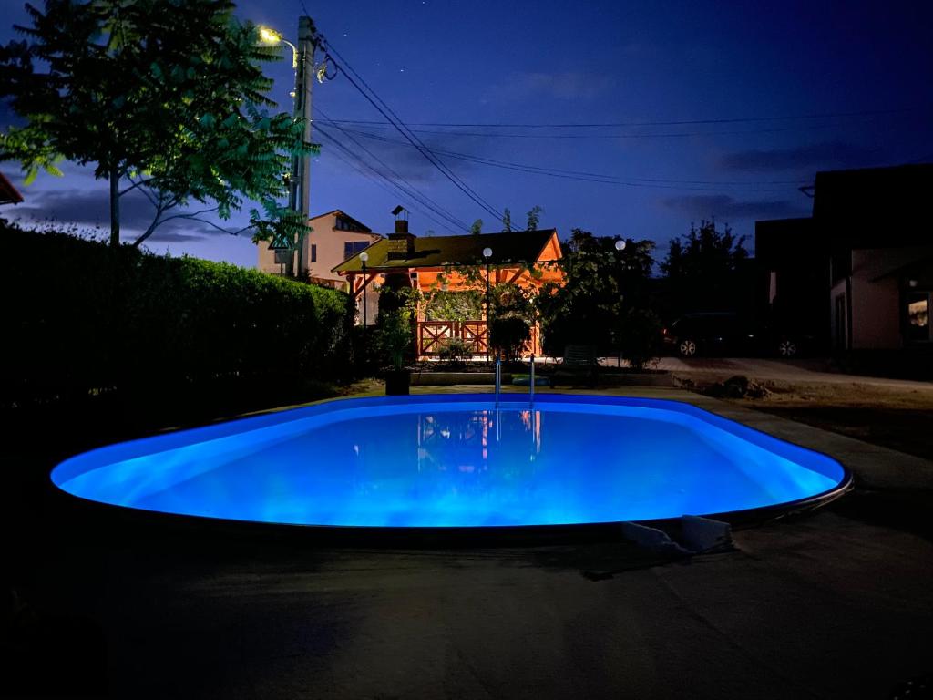 a blue swimming pool in a yard at night at Matyas Vendeghaz in Sovata