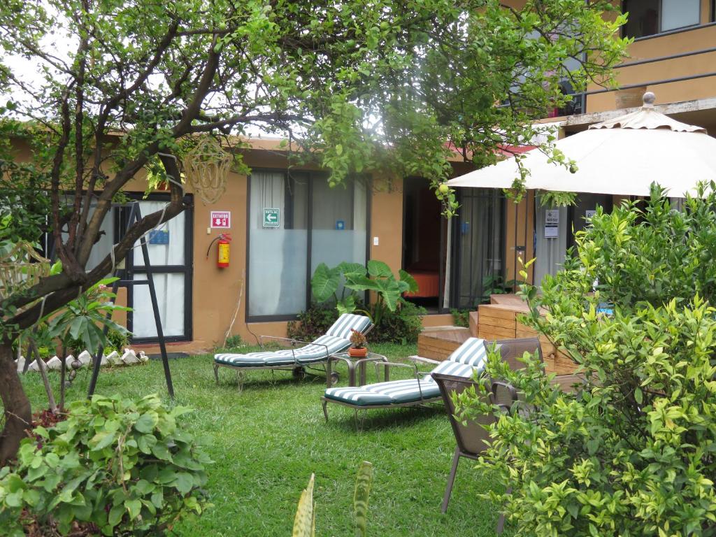 a yard with two chairs and an umbrella at Posada Casa Topiltzin in Tepoztlán