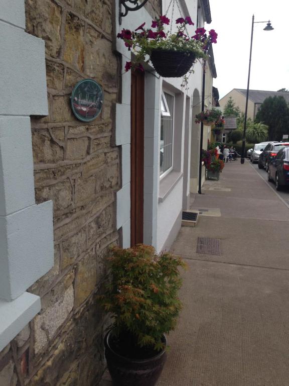 a building with flower pots on the side of a street at Glaslough Ramblers Rest in Monaghan