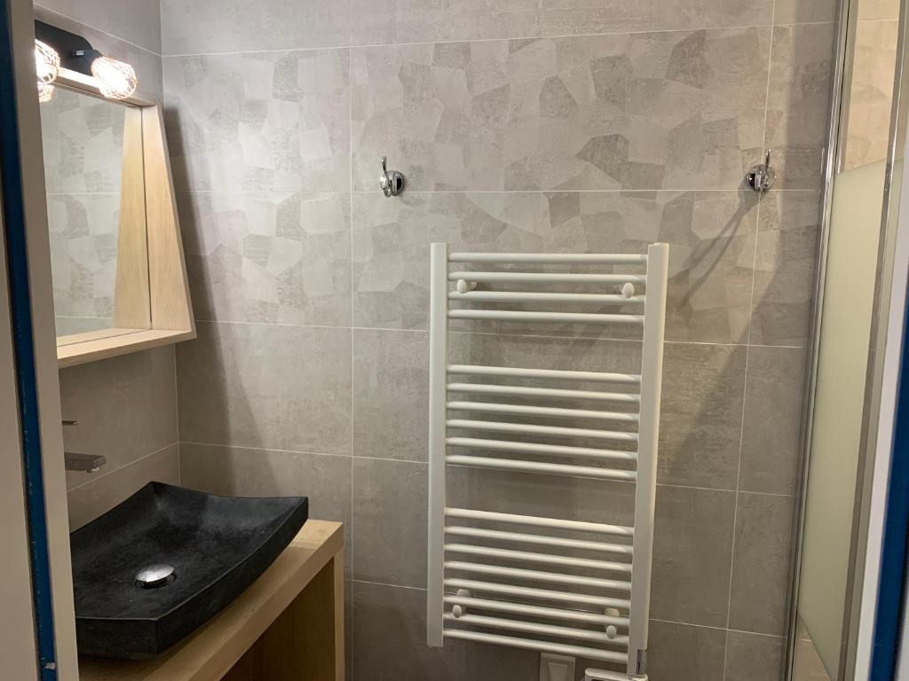La salle de bains est pourvue d'un lavabo et d'une douche. dans l'établissement La Maison des Sources à la Ferme d'Auxonnettes, à Auxonnettes