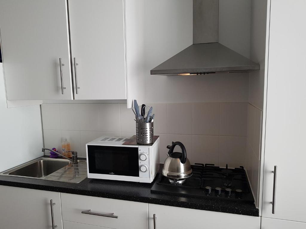 a white kitchen with a microwave and a sink at SUPPER Family room in Brussels