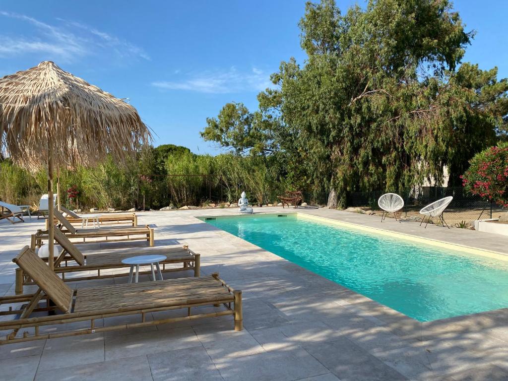 een zwembad met banken en een rieten parasol bij Residence Paolina in Calvi