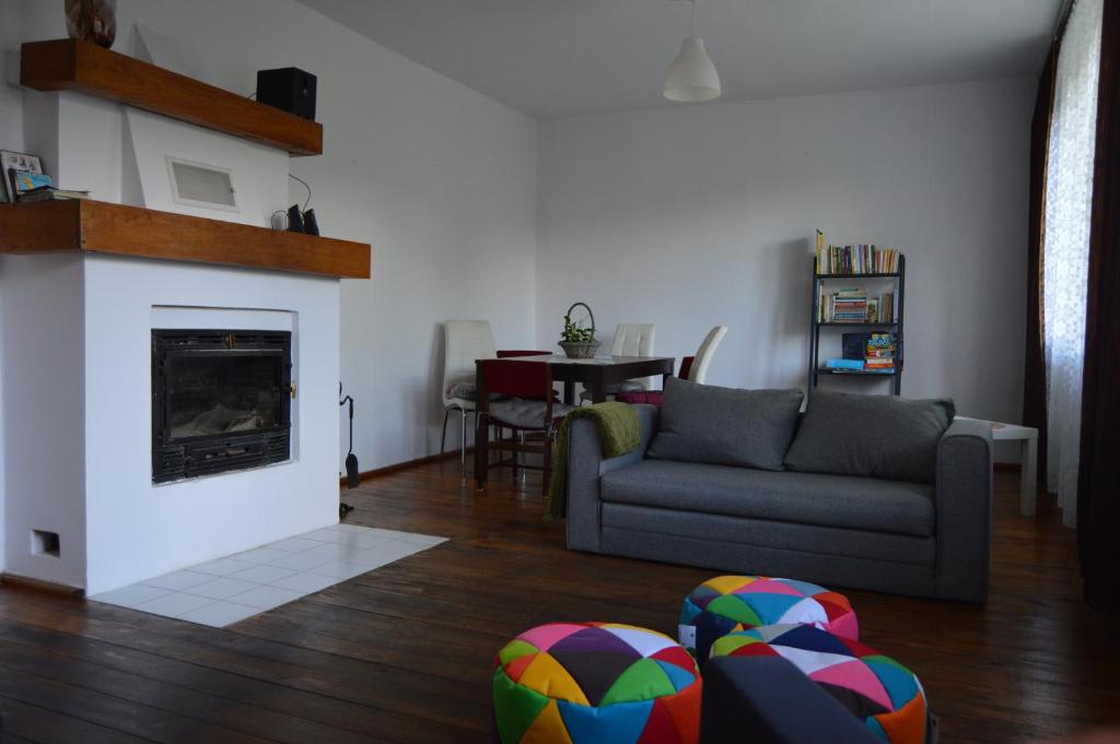 a living room with a couch and a fireplace at Dom na Mazurach in Ostróda