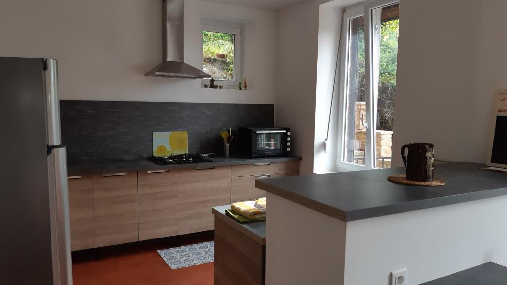 a kitchen with a counter top and a microwave at Les Hauts de Proisy in Proisy
