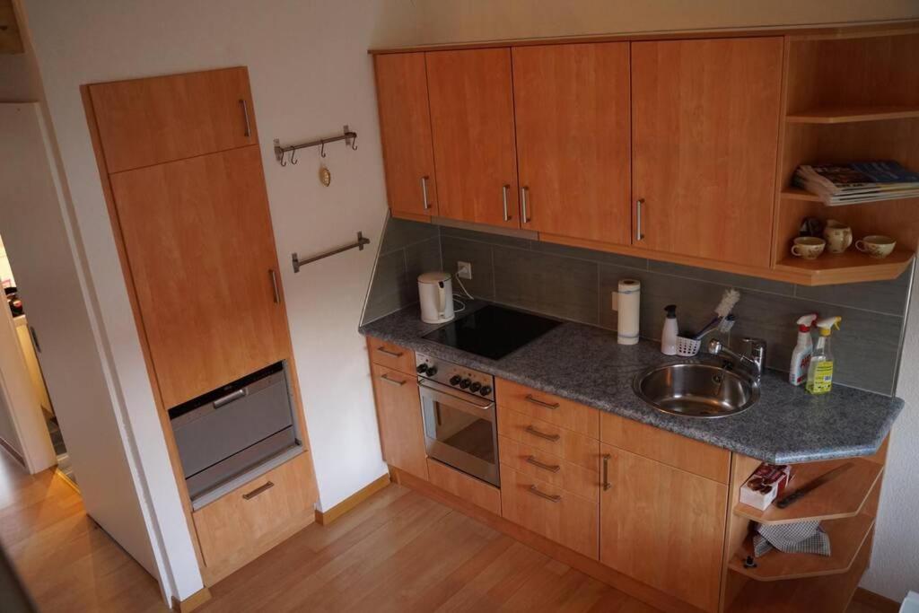 a small kitchen with wooden cabinets and a sink at Appartement Claude in Châtillon
