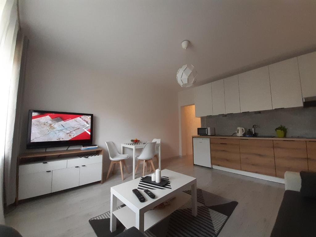 Il comprend un salon doté d'une télévision, d'une table et d'une cuisine. dans l'établissement Apartamenty Lewa, à Łódź