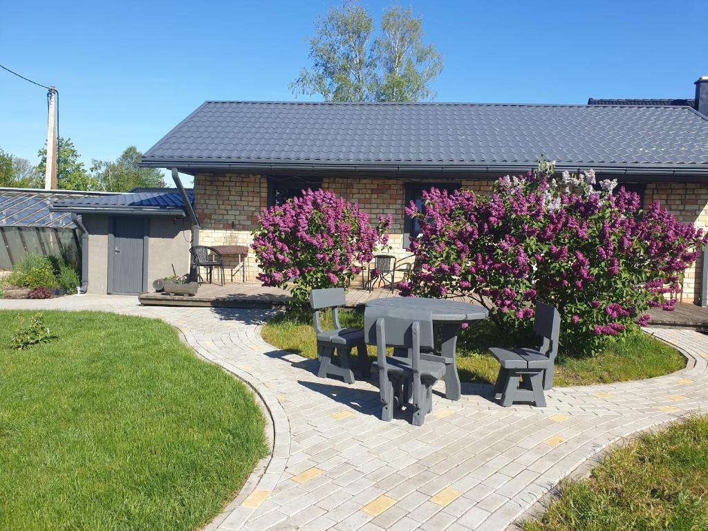 拉加席恩姆斯的住宿－Guest house Kajaki-Ragaciems，庭院配有桌椅和粉红色的鲜花。