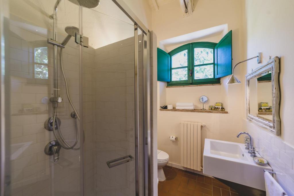 a bathroom with a shower and a toilet and a sink at Country Relais La Mortella in Porto Ercole
