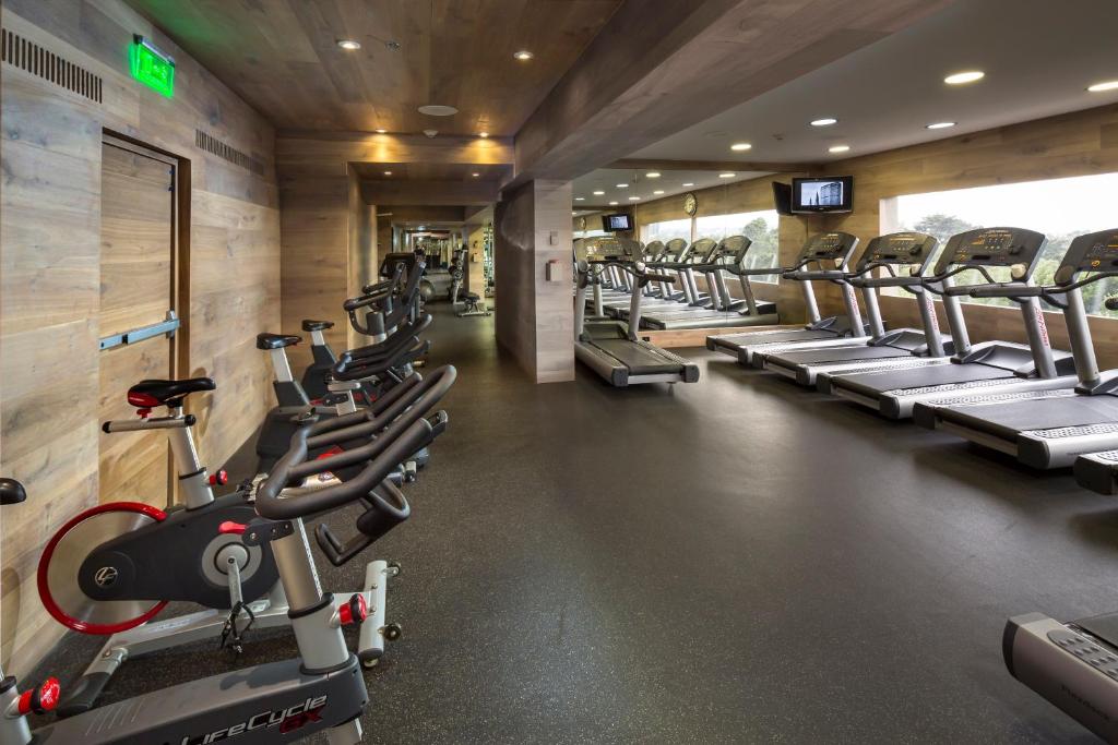 A large cardio area with treadmills, bikes, and mirrored walls.