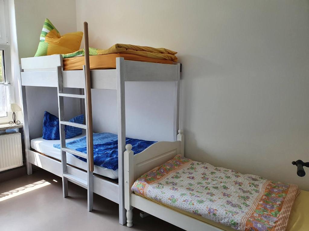 Postel nebo postele na pokoji v ubytování Ferienwohnung West - Alte Schule Sachswitz