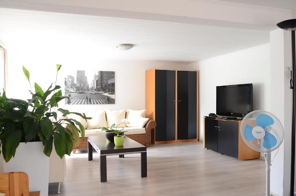 a living room with a couch and a tv at Appartements am Bodensee Nähe Konstanz in Ermatingen