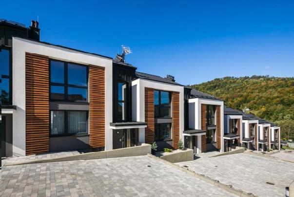 a row of houses with a hill in the background at Apartamenty MIWA in Szczyrk