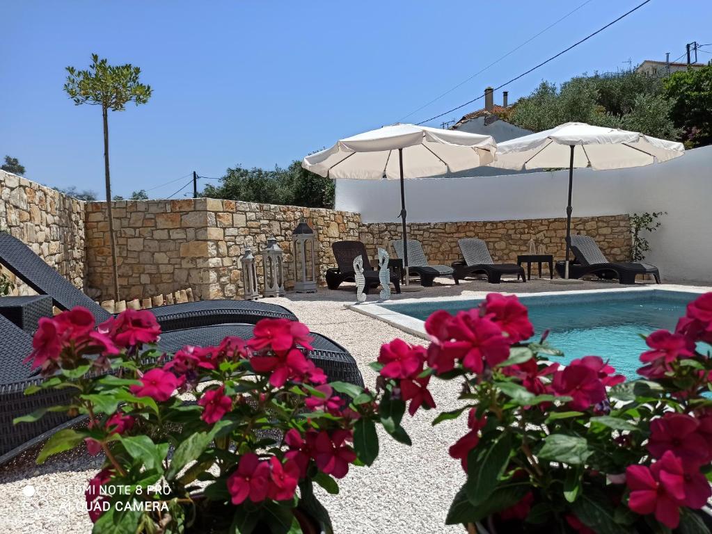 une terrasse avec des fleurs rouges et une piscine dans l'établissement Avra, à Gaios