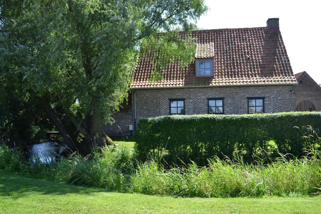 uma casa de tijolos com uma árvore e uma sebe em Bellefleur em Veurne