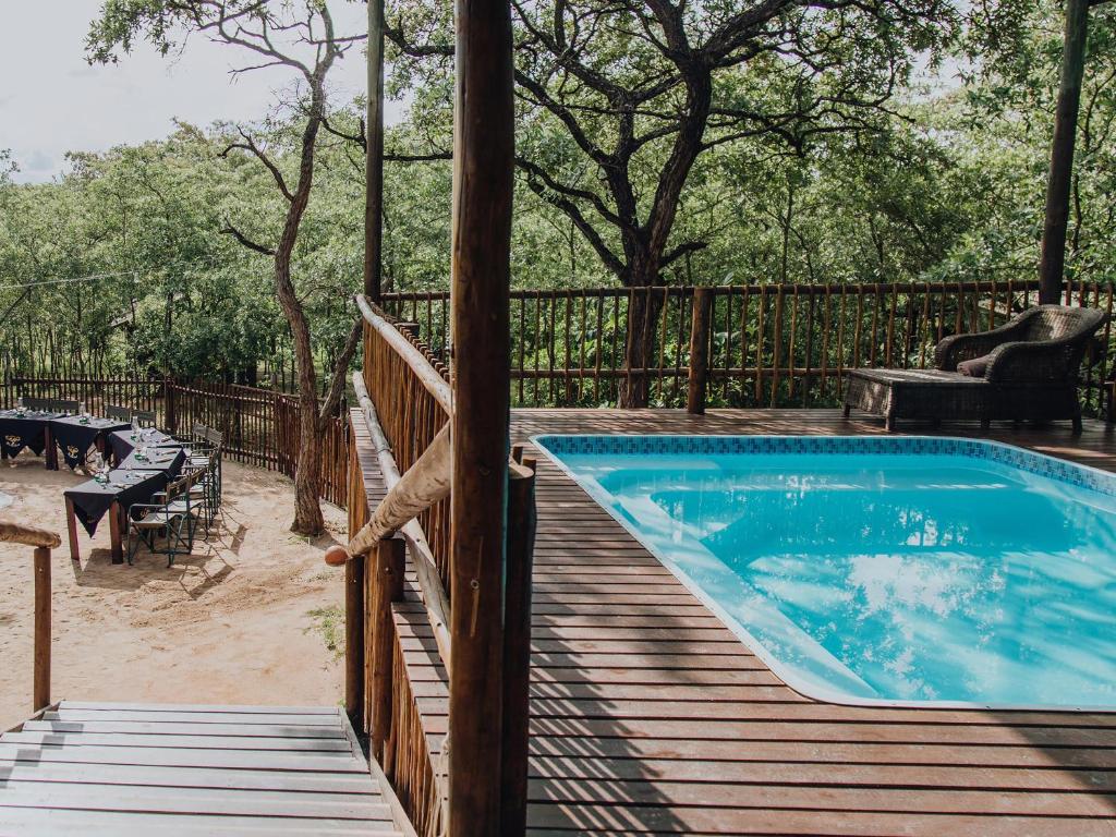 a swimming pool on a wooden deck next to a swimming pool at Buffalo Rock Tented Camp in Hazyview