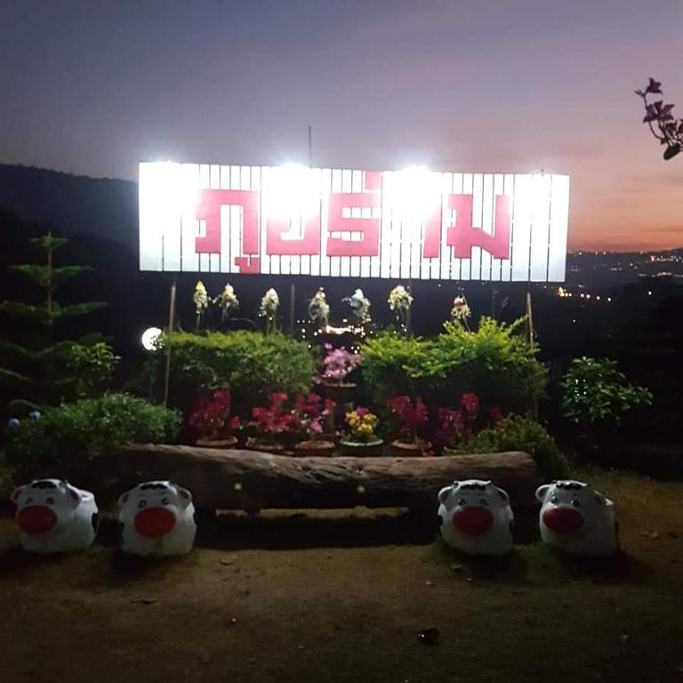 a lit up sign with cows in front of a building at Phu Aram Khao Kho Resort in Khao Kho