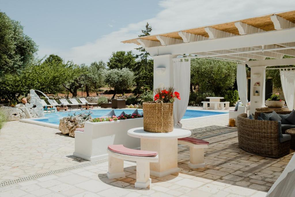 a patio with a table and chairs next to a pool at Antica tenuta dei trulli in Alberobello