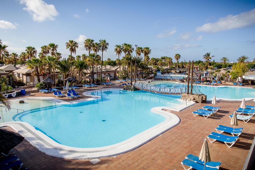a large swimming pool with blue chairs and palm trees at Caybeach Princess in Maspalomas