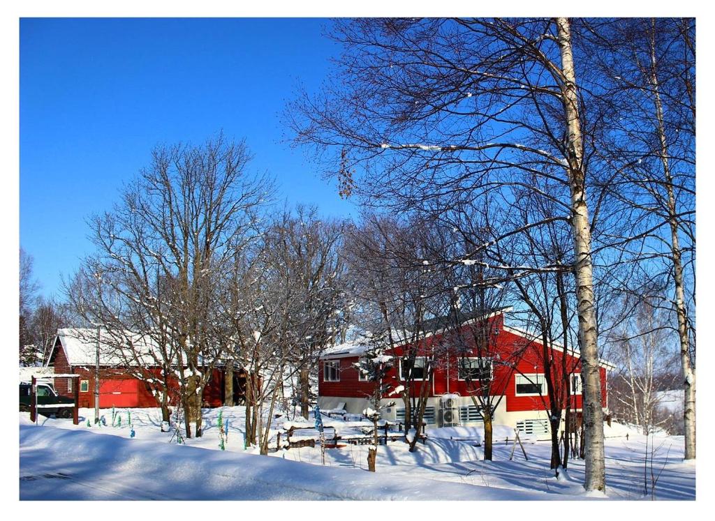 a red house in the snow next to trees at カフェロッジ Touch Wood in Biei