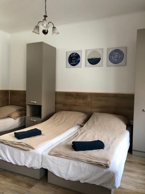 two beds in a bedroom with blue plates on the wall at Avas Apartman in Miskolc