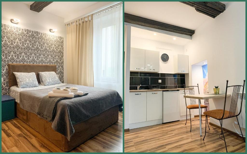 two pictures of a bedroom with a bed and a kitchen at Old Town Studio Apartment in Toruń