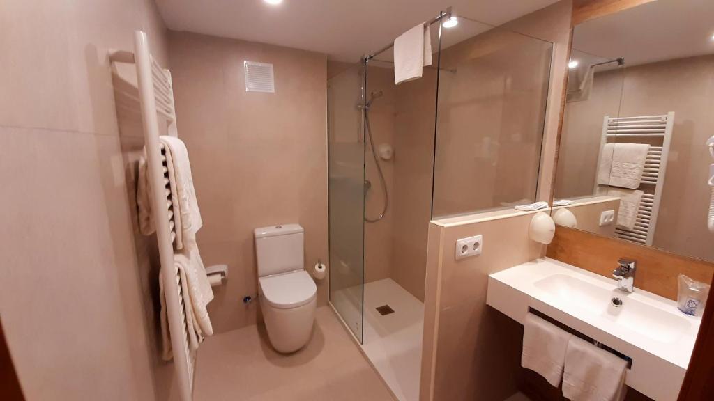 a bathroom with a shower and a toilet and a sink at Hotel Urogallo in Vielha